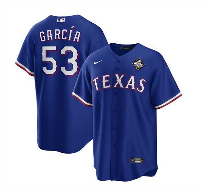 Mens Texas Rangers #53 Adolis Garcia Royal 2023 World Series Stitched Baseball Jersey Dzhi